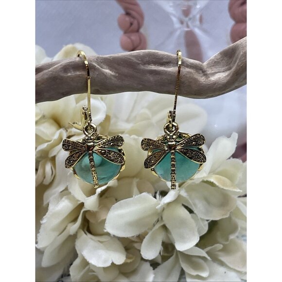 Gold plate Iridescent Dragonfly Wire Green Earrings Fall Gift Mom Birthday Wife - Picture 10 of 15
